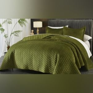 Olive Green Soft Velvet Leaves Leaf Stitch Bedding Quilt Shams Set King Size Bed